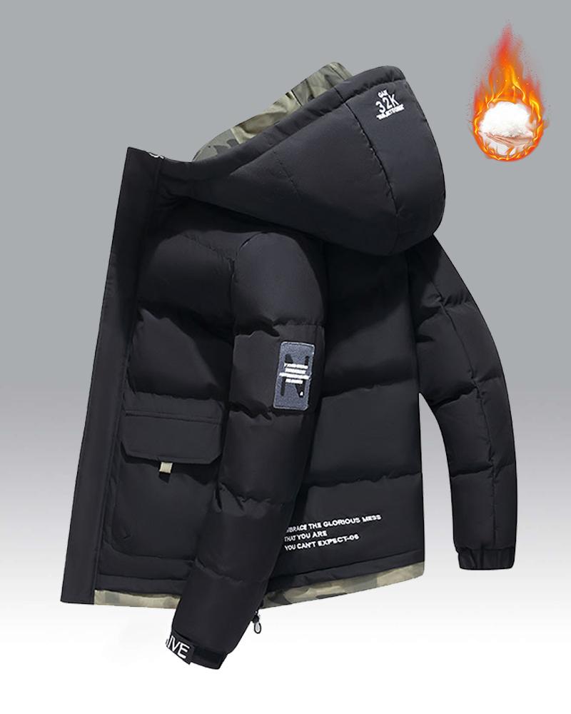 Men's Lightweight Puffy Hoodie – A thick, warm cotton jacket; features a drawstring hood, hook-and-loop fasteners, and a zippered front closure; perfect for various occasions such as commuting to work or going out on the weekend; an essential versatile pi