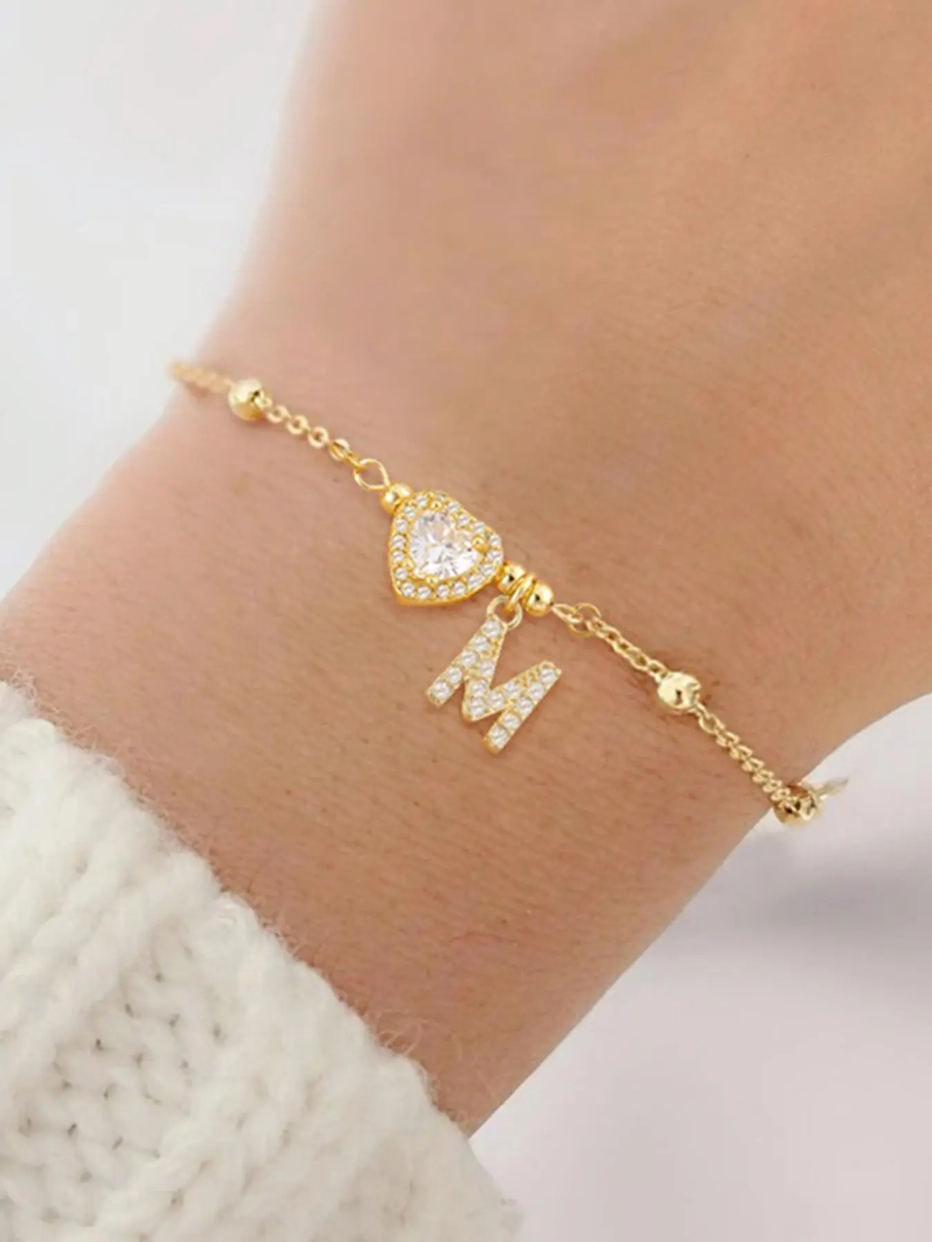Artificial Crystal Heart Pave Zirconia Initial Bracelet, Simple Fashion Stainless Steel Bead Chain Bracelet for Women, Heart Charm Bracelet, Fashionable Bracelet, Jewelry for Birthday Gift