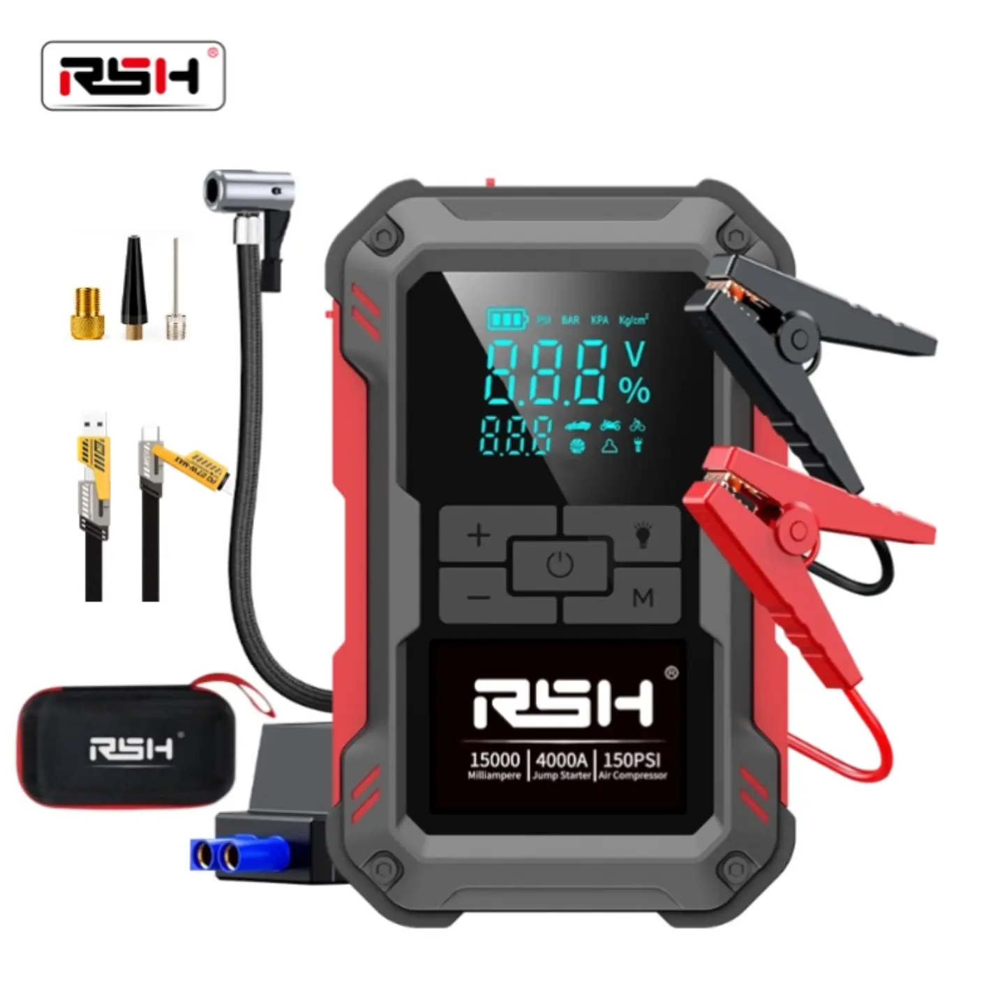 Arrancador de batería ultraseguro de 15000 mAh para todo tipo de vehículos de 12 V con compresor de aire de 150 PSI, carga rápida de 18 W, medidor de presión de neumáticos y luz LED