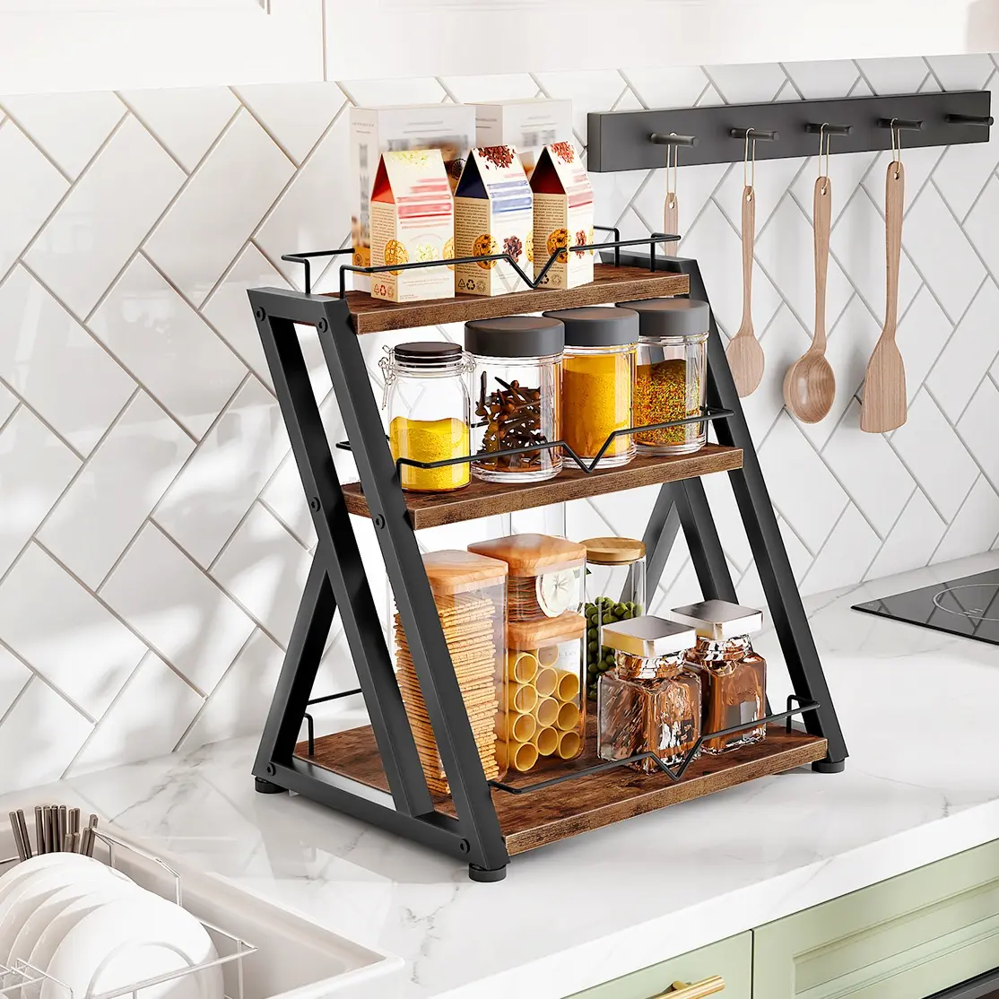 HOOBRO 3-Tier Kitchen Spice Rack, Kitchen Countertop Shelf, Multi-Layer Desk Shelf Organizer, Dresser Top Storage Rack, for Office, Living Room, Bathroom, Rustic Brown and Black