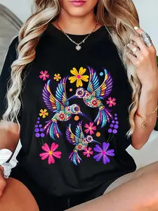 100% Cotton Unisex Hummingbird Colorful Mexican Flowers Bird Floral Nature T-Shirt,Unisex Crewneck T-shirt for Men And Women