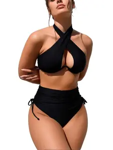 High Waisted Bikini Set Tummy Control Ruched Swimsuit Sexy Criss Cross Halter Keyhole Top 2 Piece Bathing Suit Drawstring Side Bottoms Slimming Black Beachwear Summer Vacation 2026