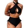 Women's 2-Piece All-Black Swimsuit Style Bikini - High-Waisted Tummy Control Ruched, 80/20 Elastane 4-way Stretch Move, Criss-Cross Halter Keyhole Cutout Top, Drawstring Side Bottoms, Bust Support, Quick Dry Slimming Look Beachwear