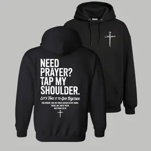 Men's Original Casual Long-Sleeve Christian Faith Quote Hoodie - "Need Prayer? Tap My Shoulder" Graphic Pullover Menswear Sweatshirts with Kangaroo Pocket, Inspirational Streetwear