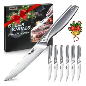 Huusk Serrated Steak Knives Set - 4.5 Inch Stainless Steel Steak Knives Set of 6, Sharp Dishwasher Safe Dinner Knife for Kitchen Table with Gift Box, Christmas Gifts for Men Women