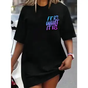 Plus Size Women's T-Shirt - Breathable Round Neck Short Sleeve Casual Top with "It Is What It Is" Gradient Print, Lightweight 180gsm Fabric for Spring/Summer, Black