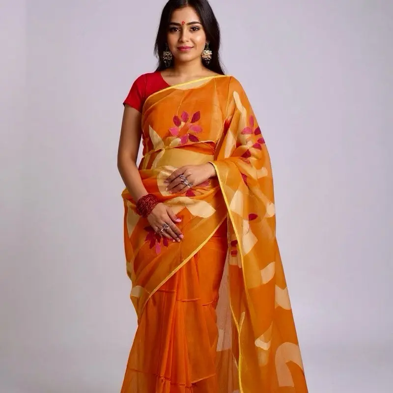 Elegant Muslin Silk Traditional Dress Saree for Women Party Wear - Orange Floral Design
