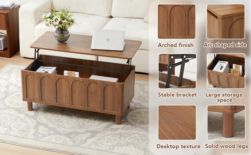 Giratree Lift Top Coffee Table with Arched Finish, Modern Coffee Table with Lifting Tabletop & Hidden Storage, Wood Center Table for Living Room,Convenient for Dining, Gaming or Working