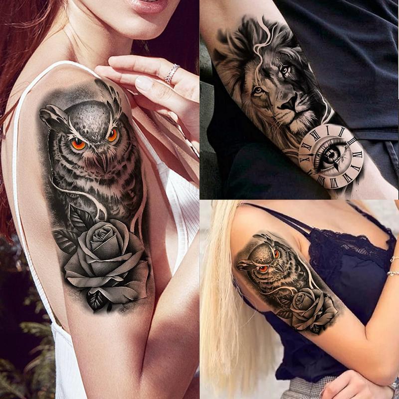 Teens 36 Sheets Large Black Arm Temporary Tattoos For Men Forearm Women Thigh, Half Sleeve Animals Lion Tiger Wolf Temp Tattoo Stickers Adults, Death Skull Compass Flower Fake Tattoos That Look Real Durable Realistic Waterproof Arm Tattoos fake totem