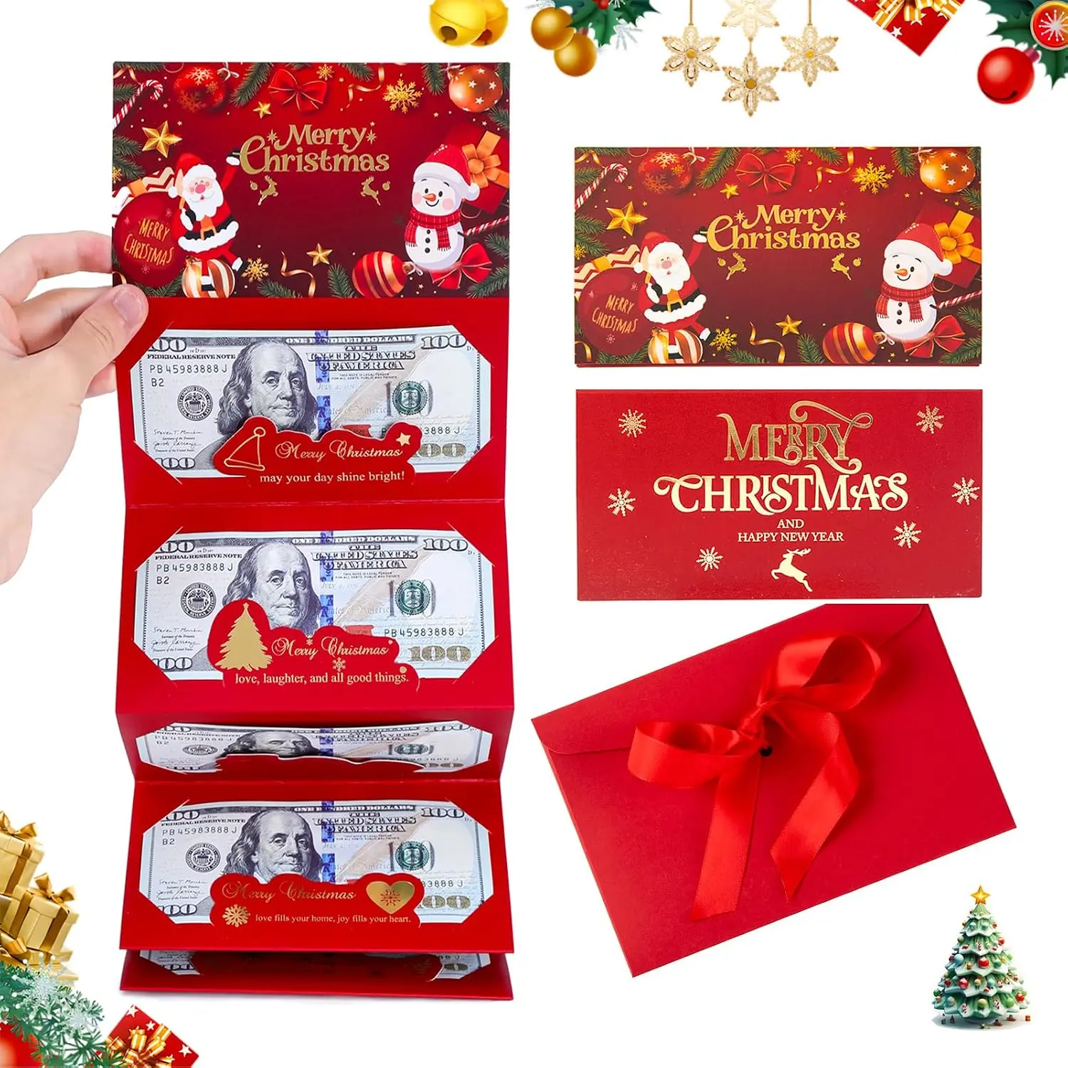 4Pack-Santa Theme Gold-Stamping Red Cash Envelopes,6-Slot Thick Paper DIY Cash Holder Gift Pack with Ribbon for Office Stationery,Surprise Cash Gift Card Holders,Xmas Party Supplies,Holiday Party Decor,Diy Set,Christmas Cash Gift Envelopes