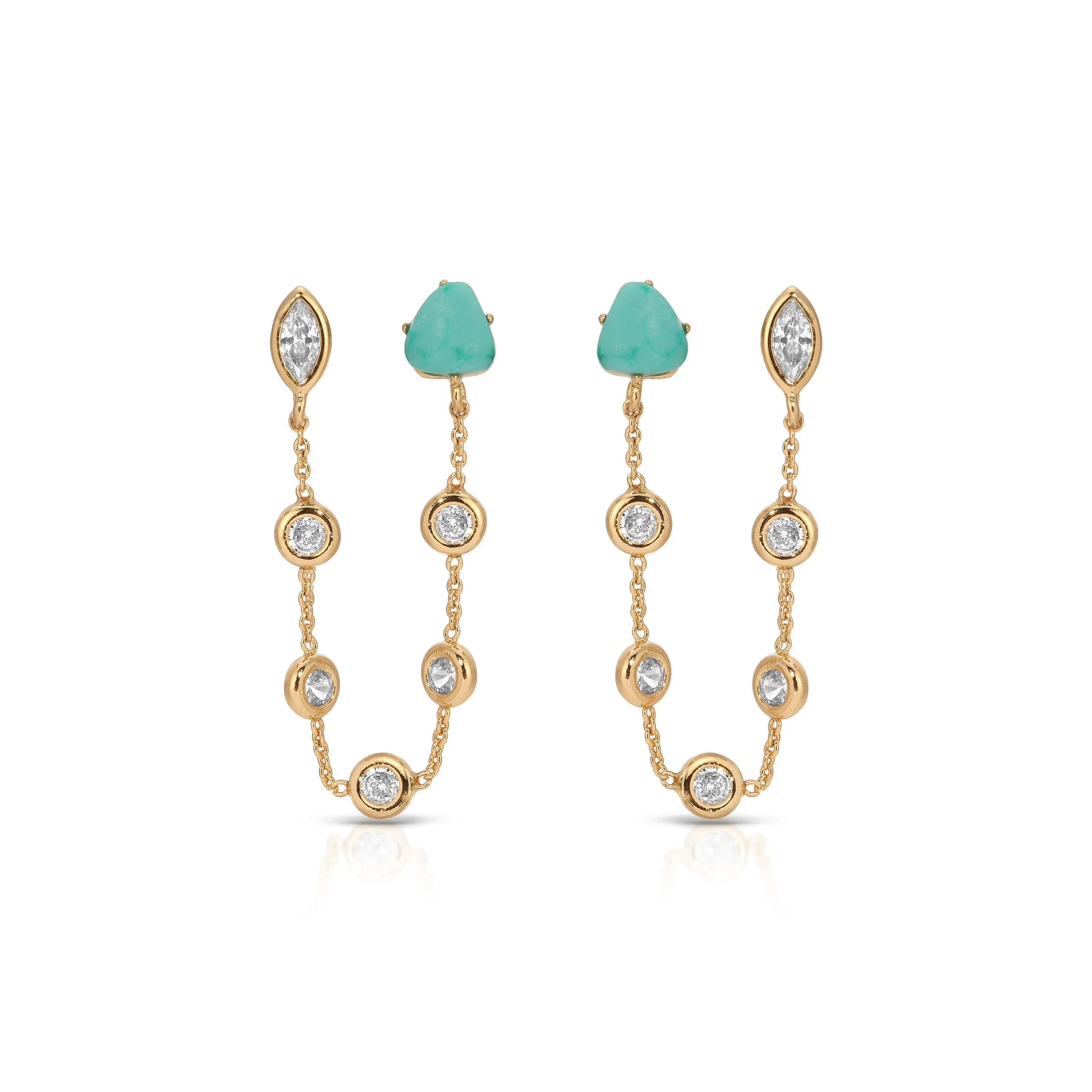 Double Piercing Turquoise Earrings – 18K Gold Plated CZ & Turquoise Statement Drop Earrings, Modern Dual Stone Design Sparkling Cubic Zirconia