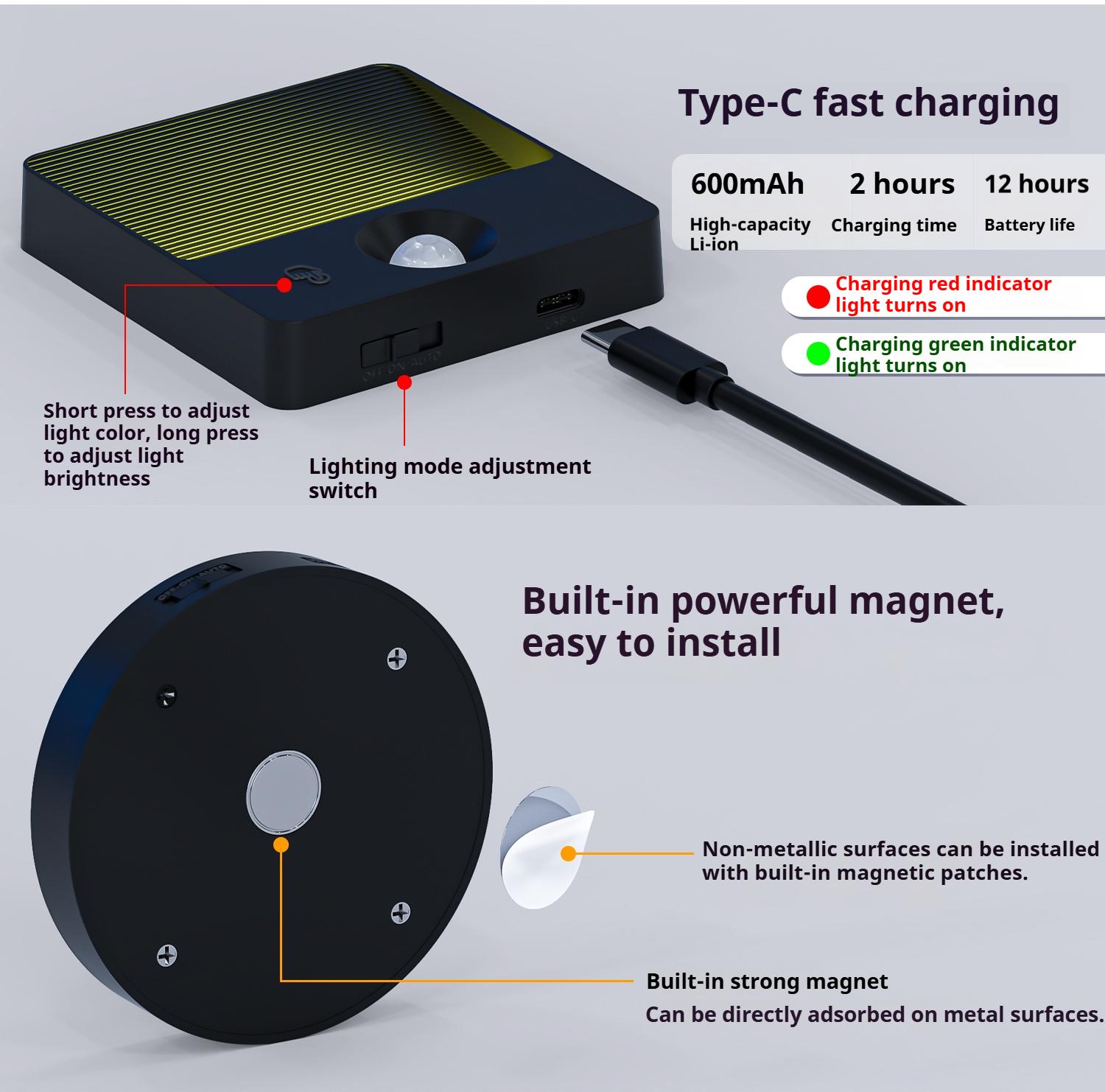 Human Body Sensor Small Ground Light Stair Step Floor Lamp Battery Powered No Wiring LED Footlight Automatic Night Light with USB Charging