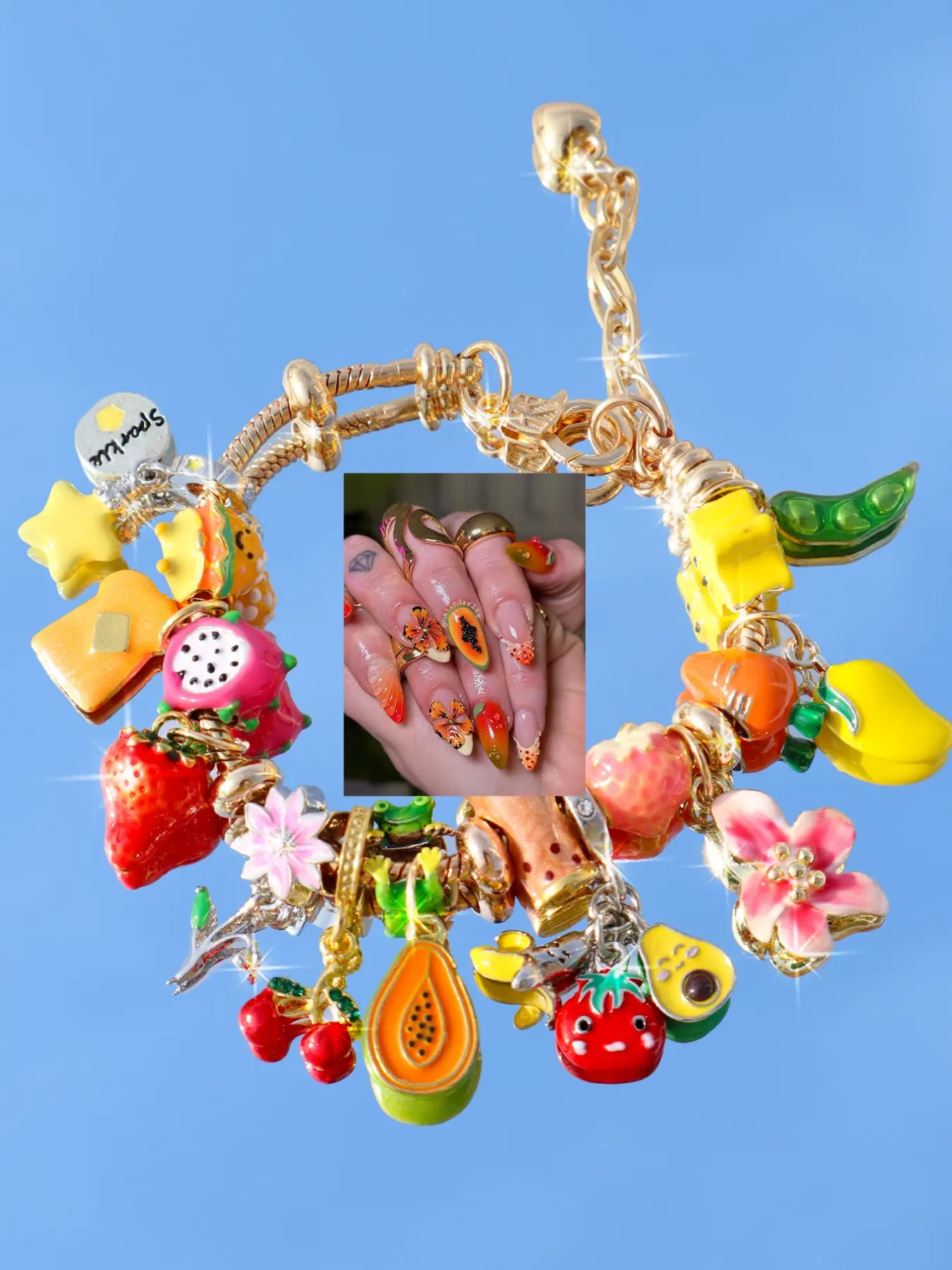 Summer Fun Fruit DIY Charm Bracelet, Cute Cherry Toast Bracelet, Strawberry Bracelet, Funny Food Replica Bracelet, Papaya Bracelet, Trendy Jewelry, Fashionable Bracelet Style