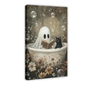 A Set of Ghost Reading And Black Cat Bath Art Poster Prints, Dark Academy Aesthetics, Vintage Gothic Canvas Wall Art, Humorous Living Room, Bedroom, Bathroom Home Decor, Halloween Ghost Bathtub Portra