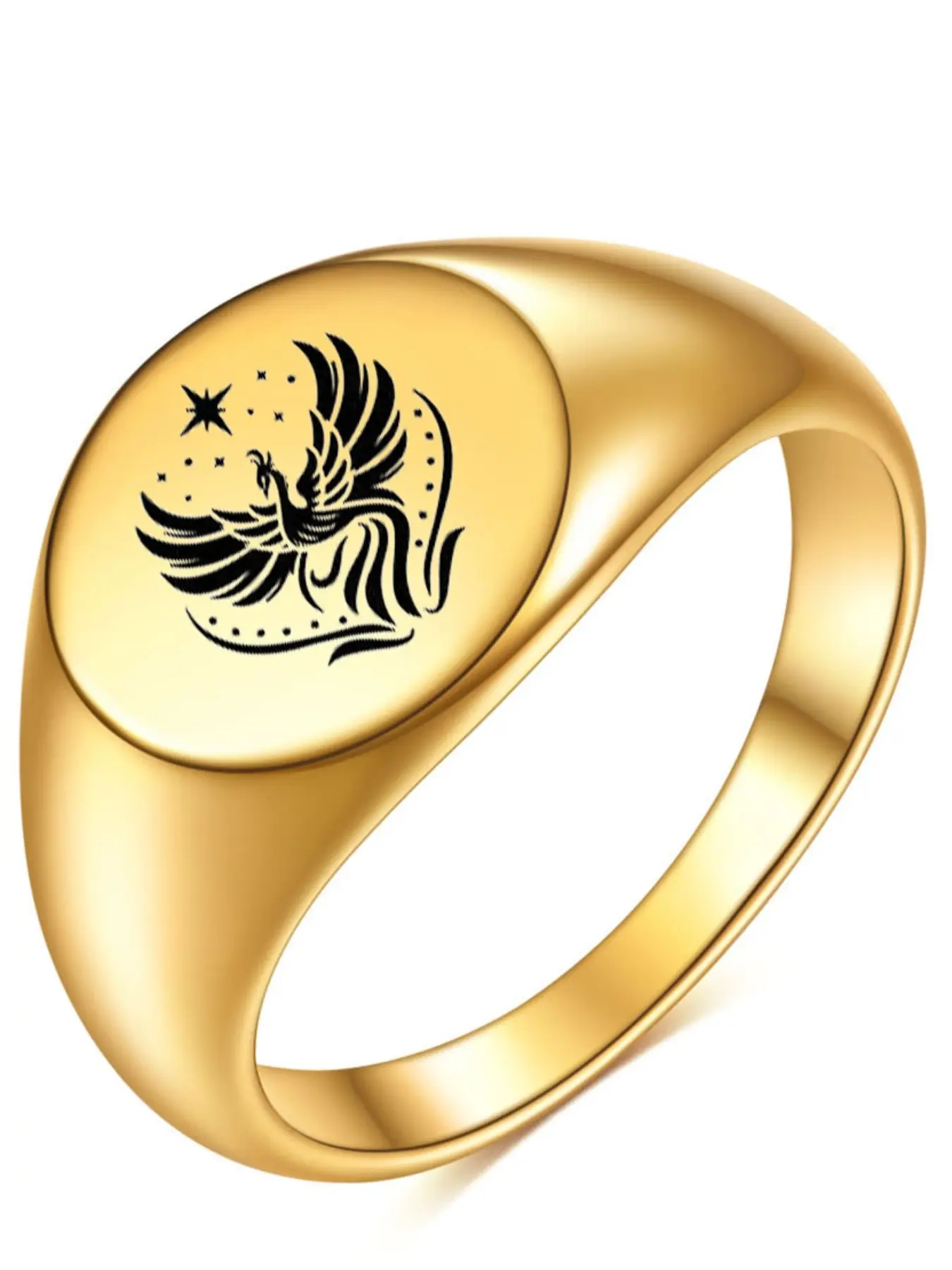 Stainless Steel Polished 12mm Round 18k Gold Laser Engraved Phoenix Ring, Jewelry Rings, Elegant Jewelry for Men and Women, Unique Gift Idea
