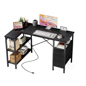 L Shaped Desk with Shelf Drawers, Black Corner Computer Desks Gaming with Power Outlet, Study Table with Adjustable Shelves, Home Office Tables for Bedroom Teacher Reading Writing