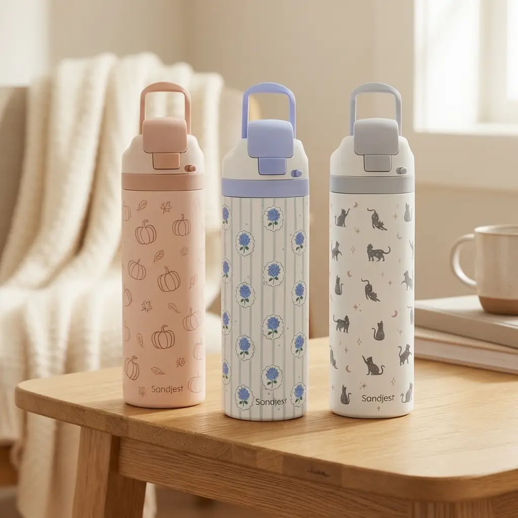 SANDJEST 24oz Insulated Durable Modern Water Bottle - Leak-Proof, Stainless Steel Tumbler with Straw Dual-Sip, Locking Push Button Lid, Handle, Portable, Cupholder Friendly, Keeps Cold for 12 Hours for Sports Travel