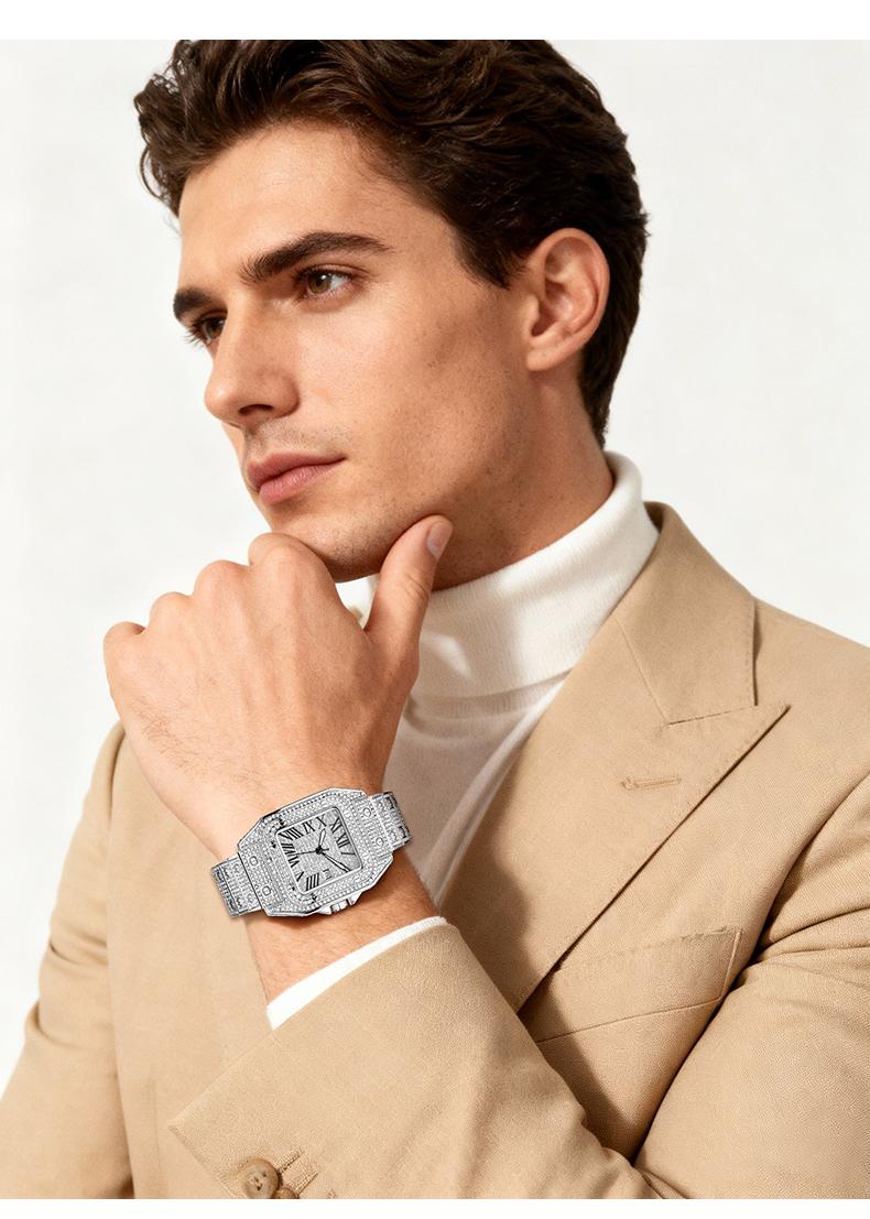 Luxury Rhinestone Embellished Square-Dial Quartz Watch with Gift Box Included Fashion Timeless Classic Watch Black Friday Flash Sale diamond men
