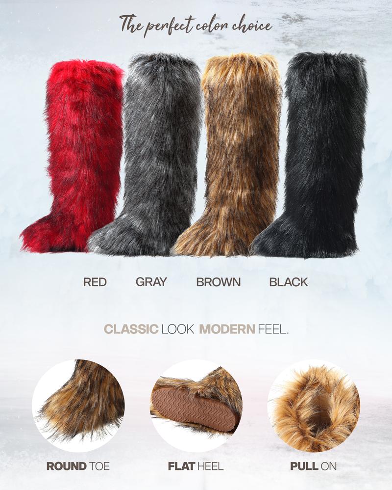 Fur Knee High Boots For Women Round Toe Flat Heel Pull On Comfortable Warm Boots Fashion Party Dress Fluffy Furry Trendy Womens Boots Valentine Shoes