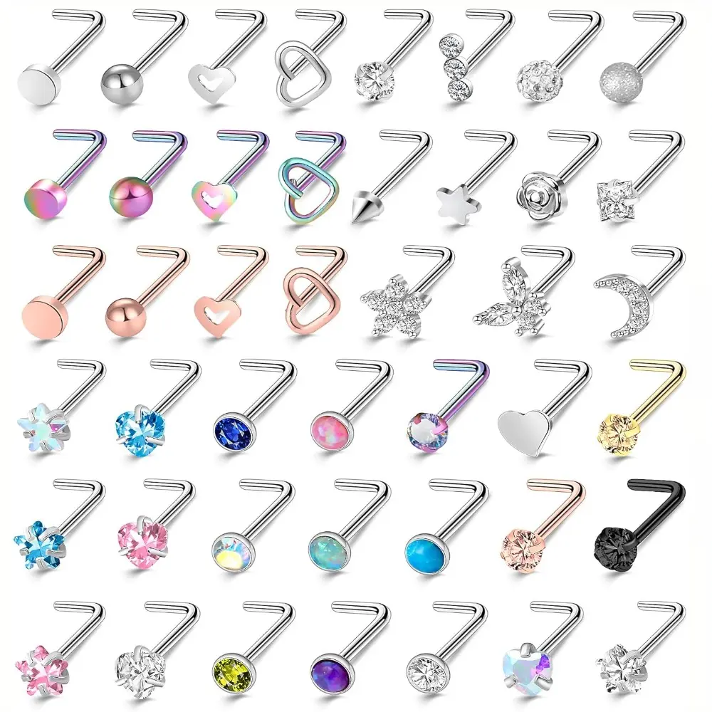 44 Pack Hypoallergenic Nose Rings Jewelry Set 20G Surgical Stainless Steel Studs Heart Star Moon Butterfly Styles Unisex Accessories with Storage Pouch Perfect Holiday Gifts, Nose Ring, Rhinestones