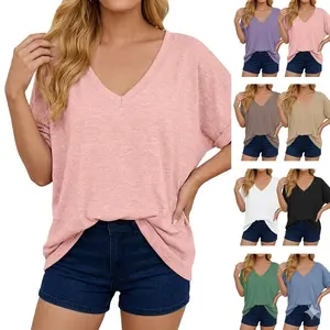 Women's V Neck T Shirts Short Sleeve Loose Casual Basic Tee Tops Summer Oversized Pullover Tops