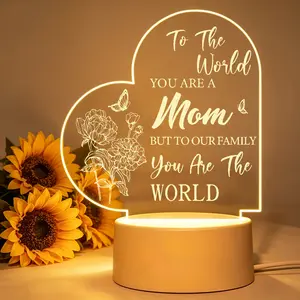 Heart Shaped Peony & Butterfly Engraved Acrylic LED Night Light, To The World You Are A Mom Inspirational Quote Desk Lamp, USB Warm White Mother’s Day Birthday Sentimental Keepsake Gift For Mom Bedroom Home Decor