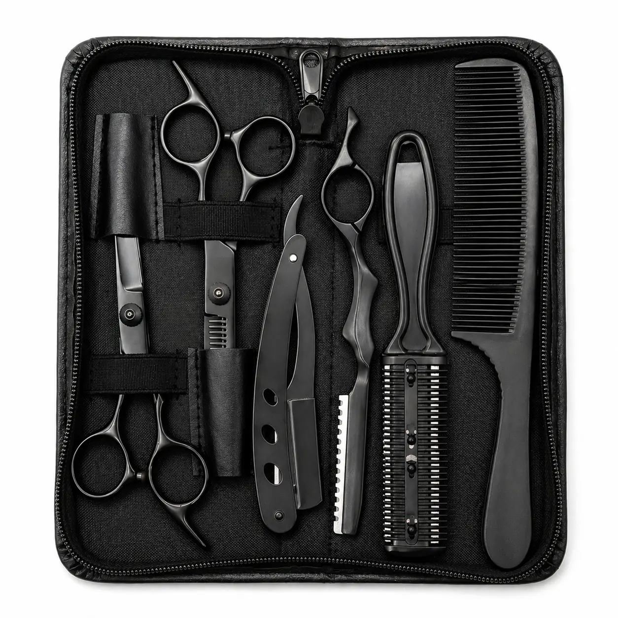 6-Piece Men's Barber Haircutting Kit with Cutting Scissors, Thinning Shears, Straight Razor, 3 Combs and Storage Case