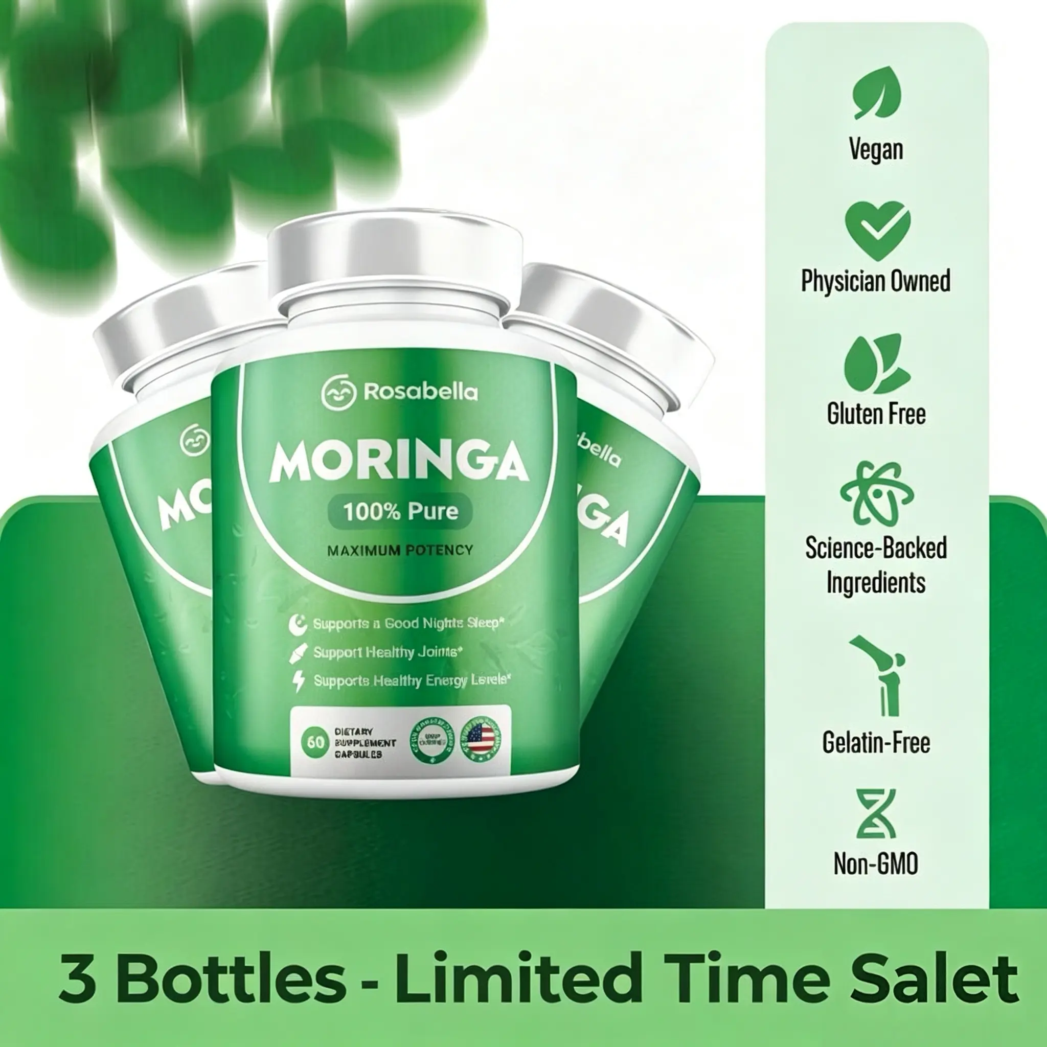 of Rosabella Moringa Capsules (800mg)for lmmune Support, Gut Health & Vitamin