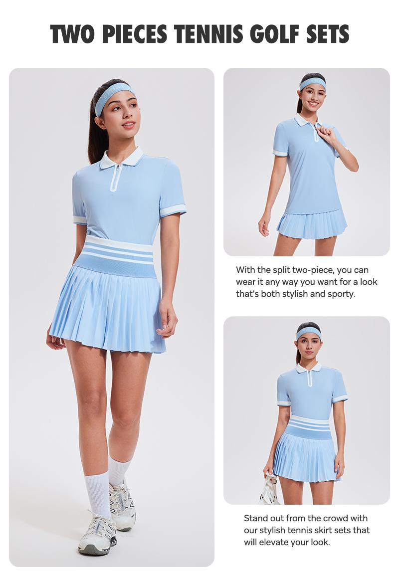 Airfree Tennis Skirt Sets Springfreshness Golf Outfits for Women Two Pieces Zipper High Waisted Golf Polo Two Piece Skirt Set Long/Short Sleeve Women 2 Piece Outfits Casual Gym Wear Athletic Clothing Versatile