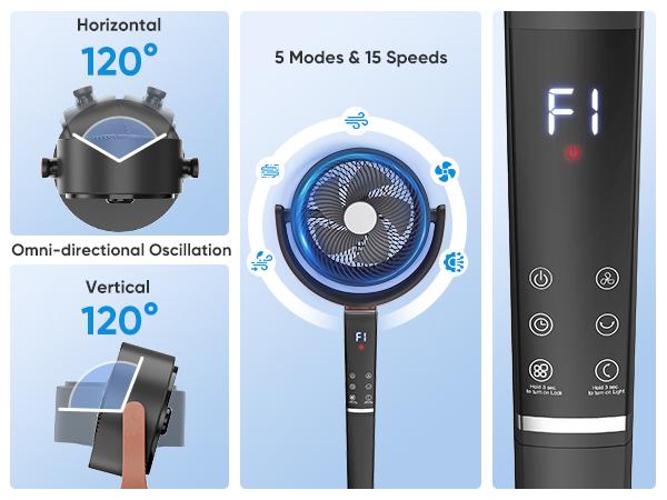 Bedroom Pedestal Fan, Quiet 20dB DC Air Circulator, 15 Speeds 5 Modes, 120° Oscillation, 12H Timer, 1050CFM Airflow, 37-45" Adjustable Height, LED Light, Standing Fan with Remote, Black
