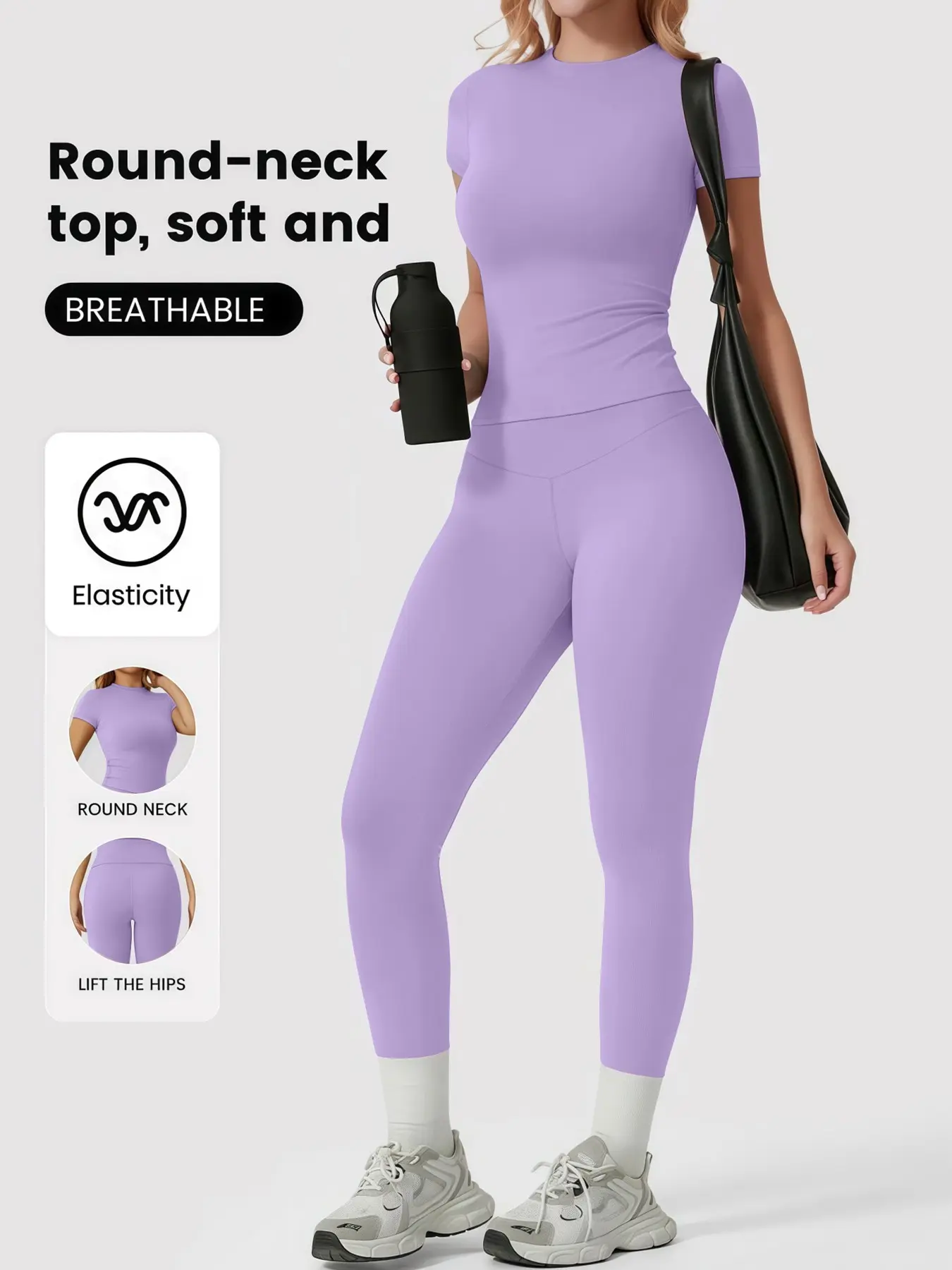 Women's 2 Piece Lavender Purple Yoga Set, Round Neck Short Sleeve Top & High Waist Leggings, Tummy Control Butt Lifting Workout Outfit, Breathable Quick Dry Activewear Workout Sets, Exercise Clothing Set