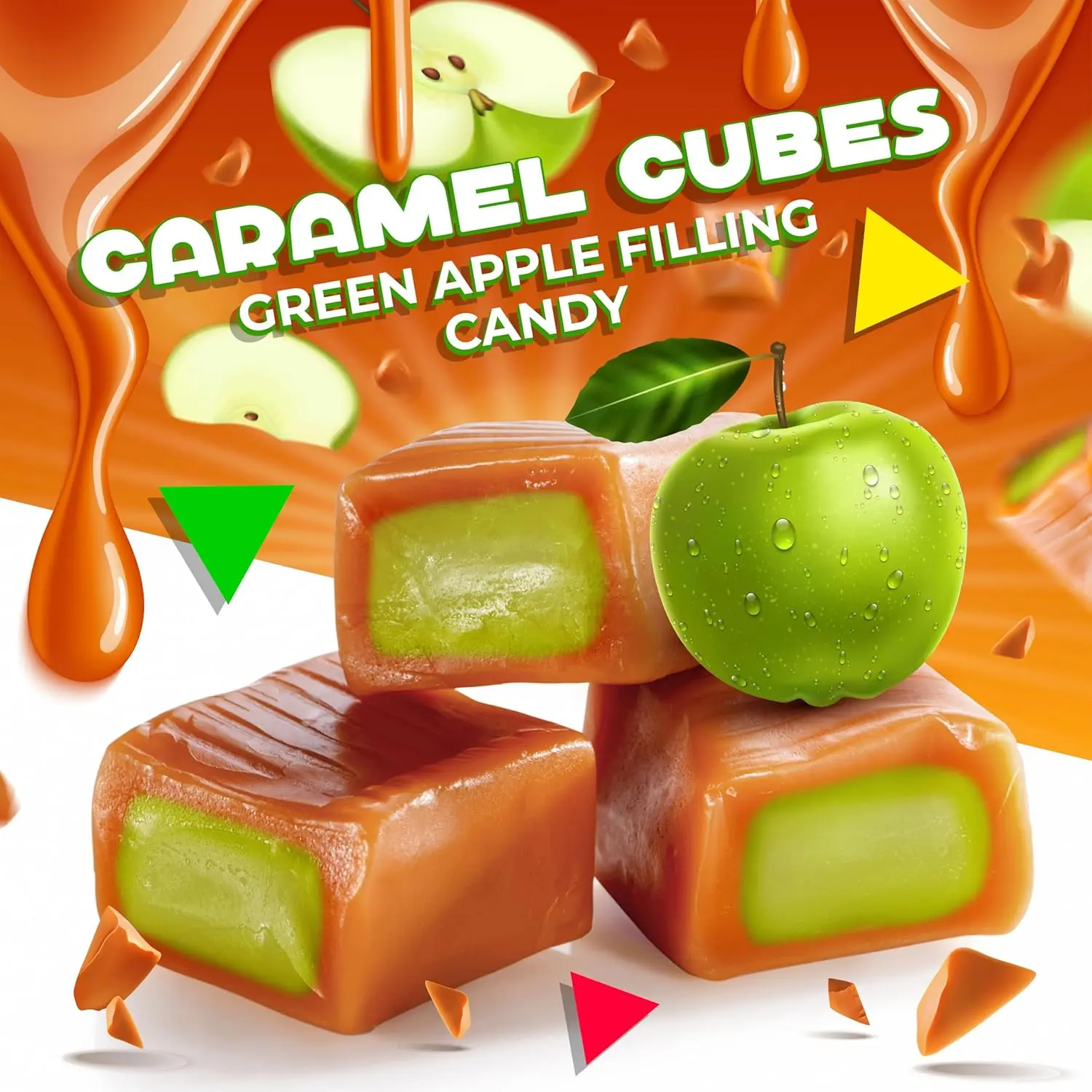 Caramel Cubes Sweet Candies, 1 lb Bag (75 Count) with Green Apple Filling, Individually Wrapped, Perfect for Sharing or Gifting, Convenient On-The-Go Snacking Bonbons