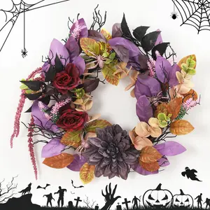 18 Inches Halloween Wreath, Halloween Door Decorations with Purple Red Roses, Fall Wreaths for Front Door, Window Decor for Indoor Outdoor Wall