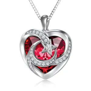 TOUPOP Heart Birthstone Necklace 925 Sterling Silver Moon and Star Pendant Necklaces Heart Crystal Jewelry Birthday Christmas Gifts Women