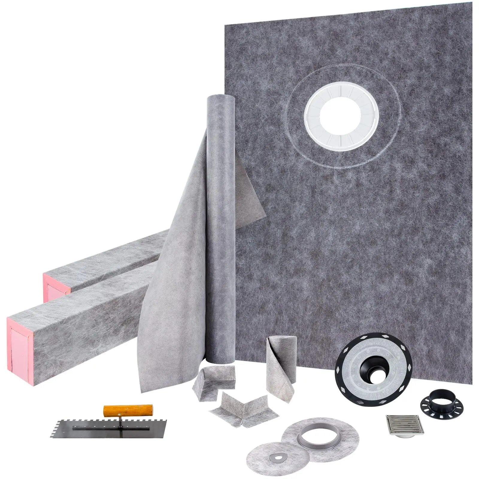 【FathersDayGift】VEVOR Shower Curb Kit,  , 38\"x60\" Watertight Shower Curb Overlay with 4\" ABS Offset Bonding Flange, 4\" Stainless Steel Grate, 2 Cuttable Shower Curb and Trowel, Shower Pan Slope Sticks Fit for Bathro