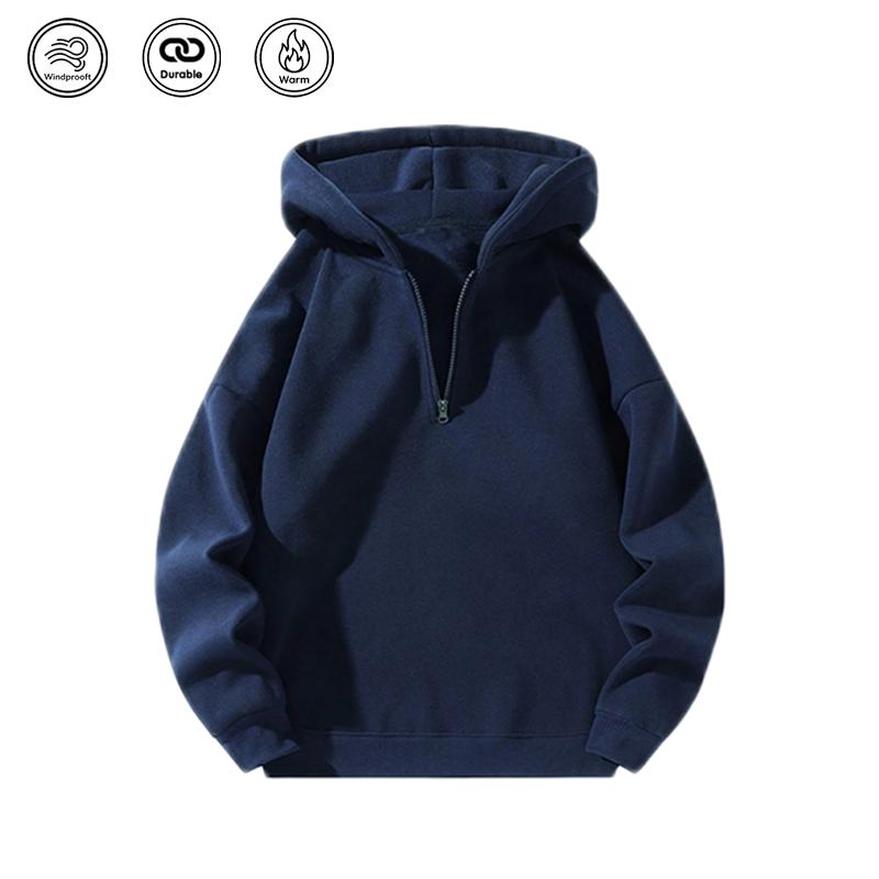 Men’s solid-color two-piece athletic tracksuit set featuring a regular fit: a casual off-shoulder half-zip hooded sweatshirt and drawstring jogger pants with pockets. Fleece lining for warmth, suitable for autumn and winter, ideal for everyday wear and wo