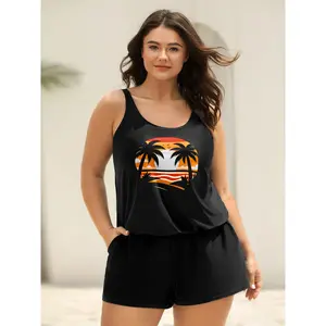 【Tummy control】BLOOMCHIC Plus Size Island Pattern Pockets One-Piece Swimsuit [M-6X] 2026 Summer Vibes Swimweek