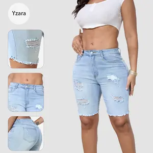 Women's washed and distressed ripped denim shorts