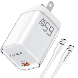 65W Foldable USB C Fast Charger Block with 60W 1.5M Dual USB C Cable, PD 3.0 US Plug Wall Charger for iPhone, Samsung, Laptop, Travel Essential