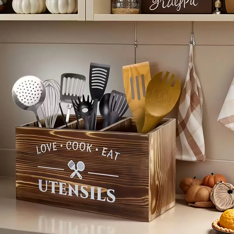 Rustic Brown Wooden Utensil Holder - 3-Compartment Kitchen Counter Caddy for Cooking Utensils, Cutlery, Cookware, Farmhouse Kitchen Accessories, Knives