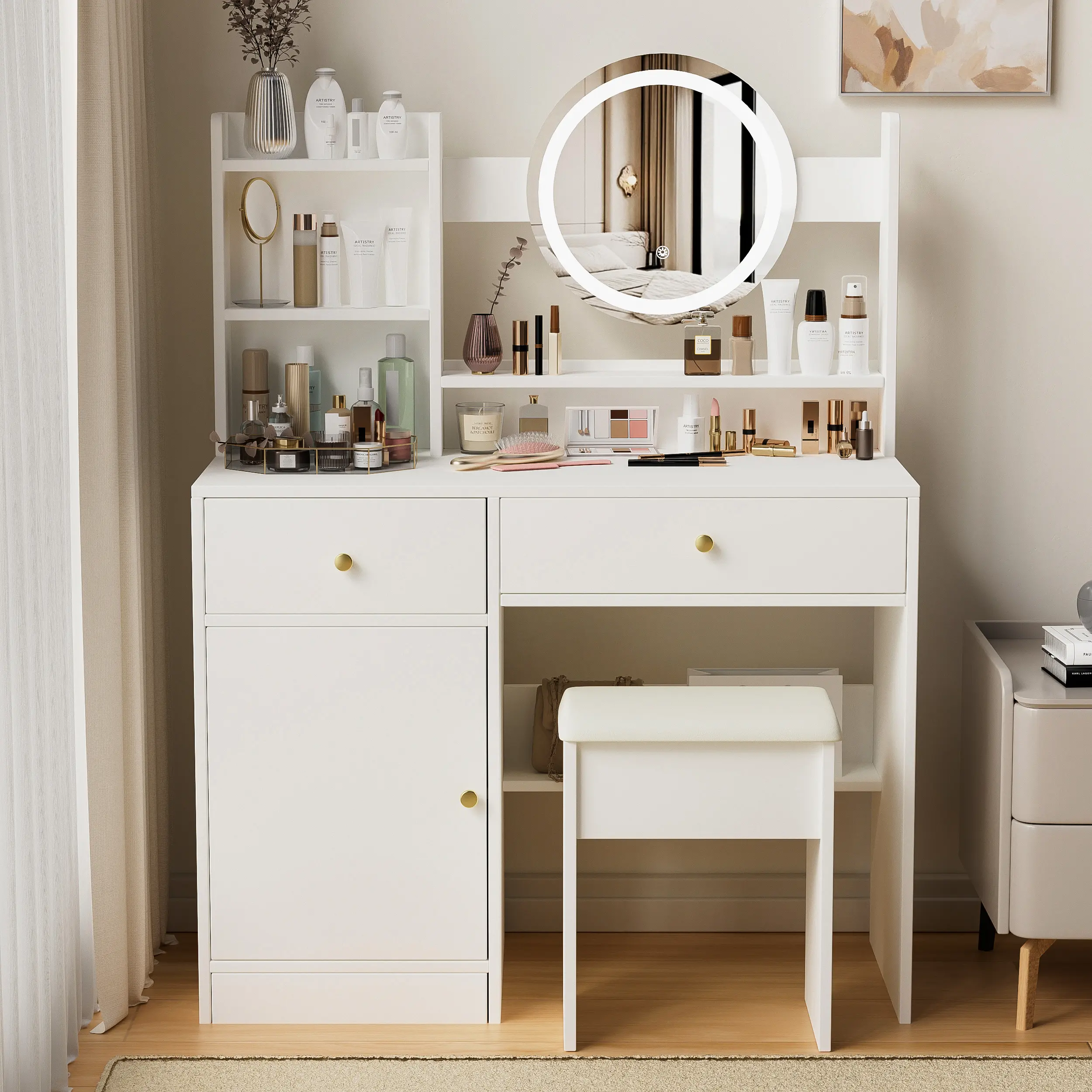 dressing table white colour Modena Hollywood Set Transform your bedroom with this elegant vanity set featuring a lighted mirror CASPIAN Furniture Frosty White and