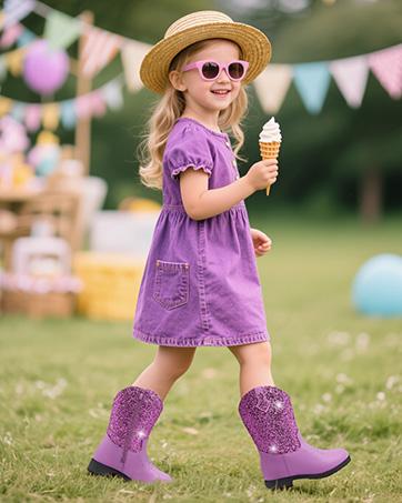 Sparkly Girls Cowgirl Boots Glitter Cowboy Dress Boots for Little to Big Kid Mid Calf Round Toe Birthday Horse Riding Pu Handles Celebrations