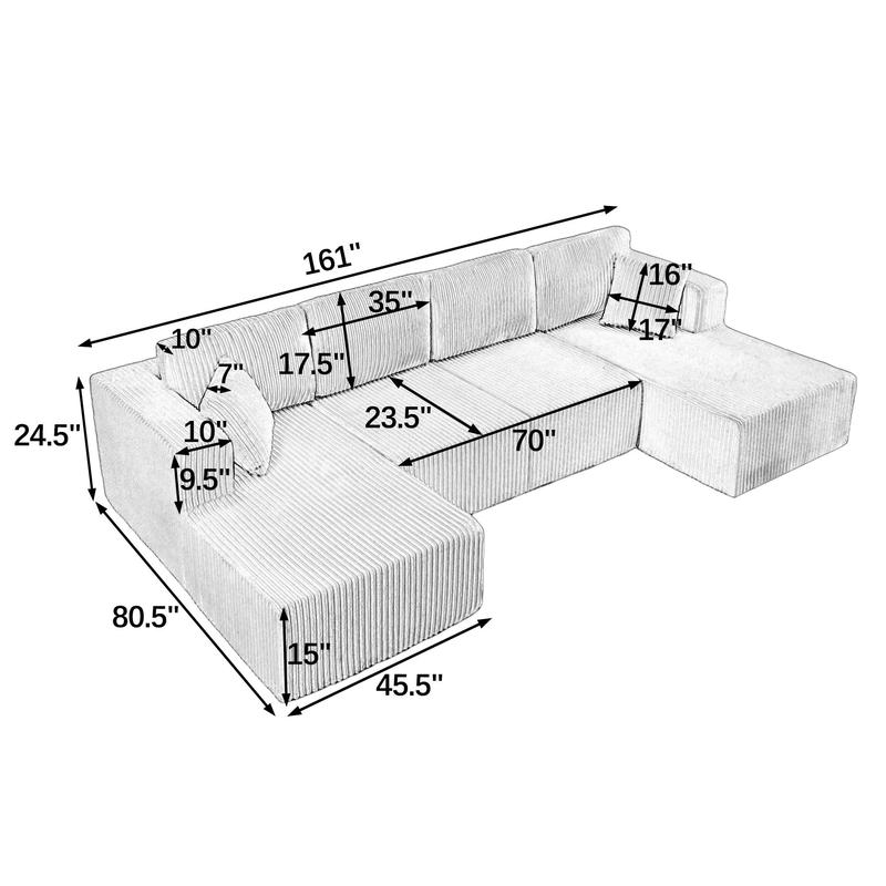 [Christmas] [3 or 2 Packages Shipped]Niccae 132.5" U Shape Modular Sectional Sofa, Corduroy Fabric Oversized Sectional Couch, 5 Seat U Shaped Couch with 2 Pillows for Living Room, Bedroom, Office, No Assembly Require