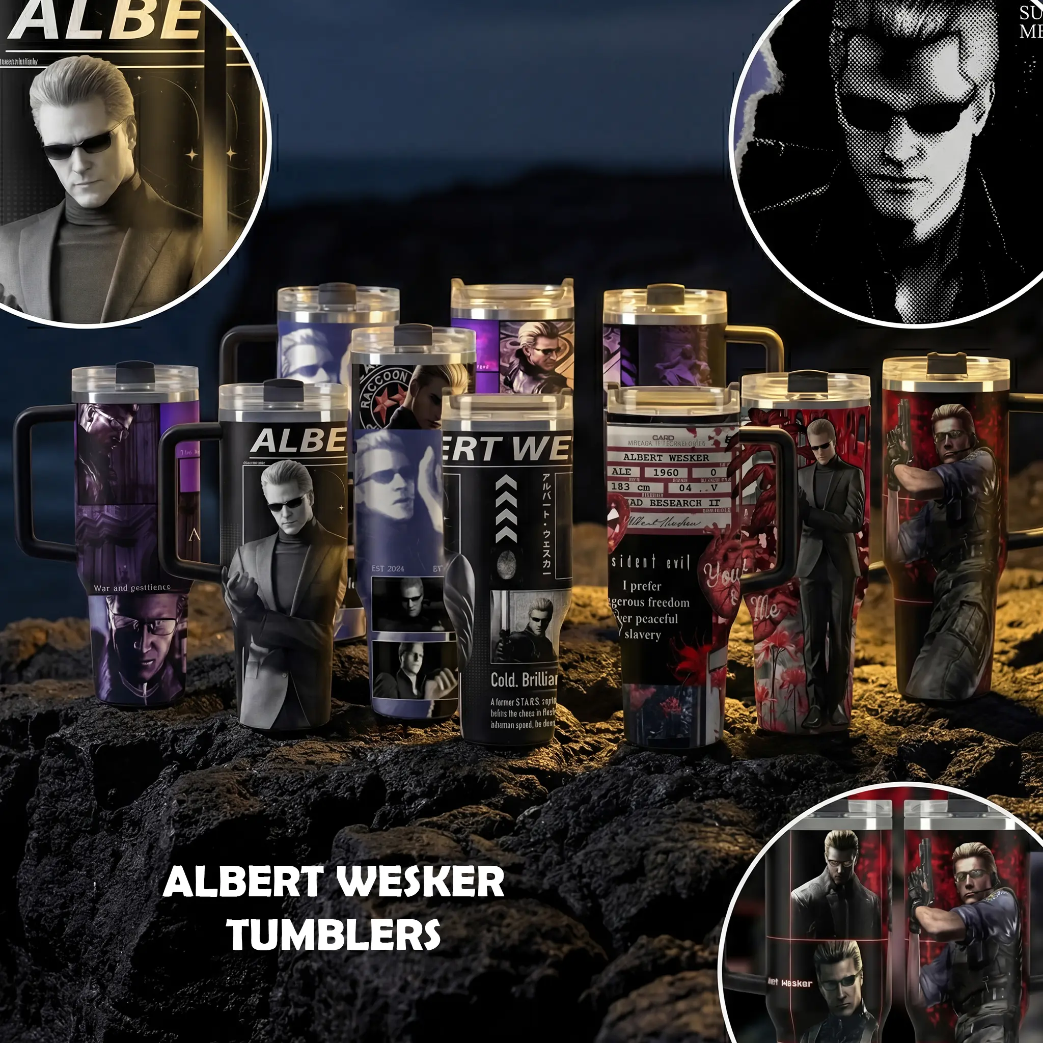 Albert Wesker RE 40oz Tumbler (Theme box not included), Enemy Leon S.Kennedy Resident E Inspired Steel Tumbler, Umbrella Gift For Gaming Lovers Tumbler with Handle, Black Water Bottle