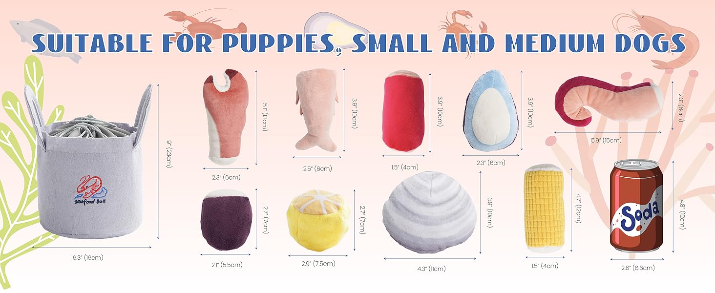 Nocciola 10 PCS Seafood Boil Dog Toy Set with a Pot, Christmas gift, Squeaky Crinkle Plush Puppy Toy,Interactive Toys, Hide Toys for Small to Medium Dogs