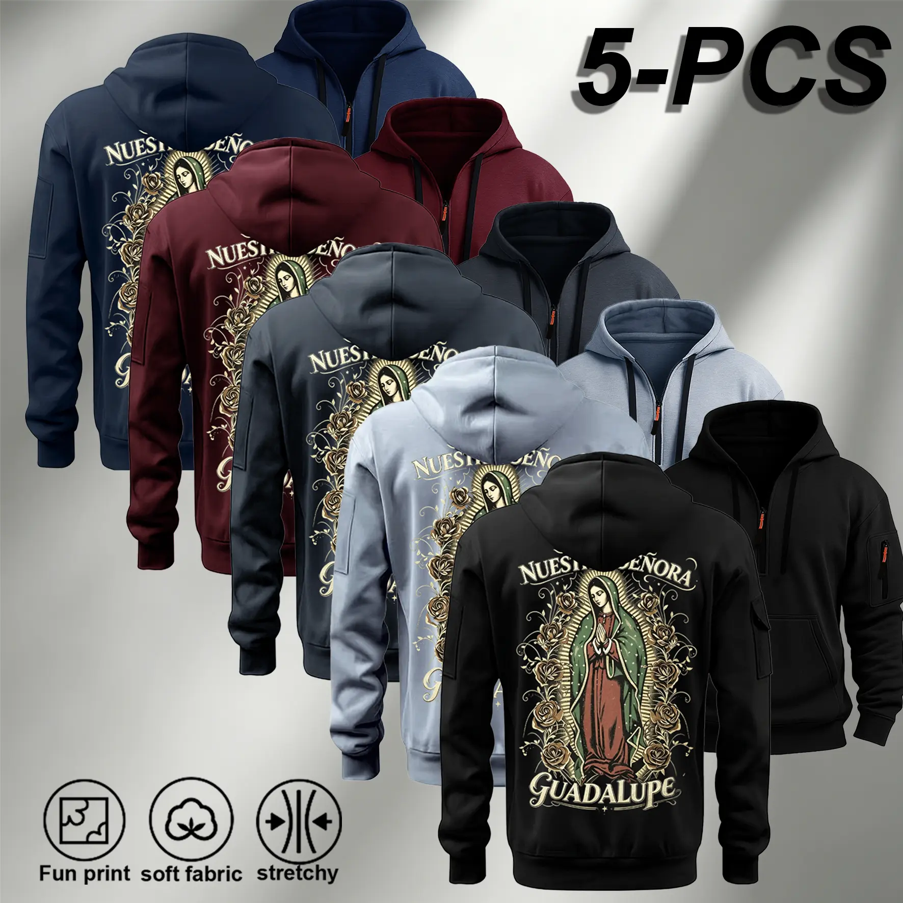 Men's Stylish Graphic Print Hoodie - 5-PCS Our Lady of Guadalupe Vintage Back Print, Half-Zip, Cargo Sleeve Pocket, Soft Stretchy Fleece Fabric, Casual Menswear Tops, Religious Cultural Streetwear Pullover