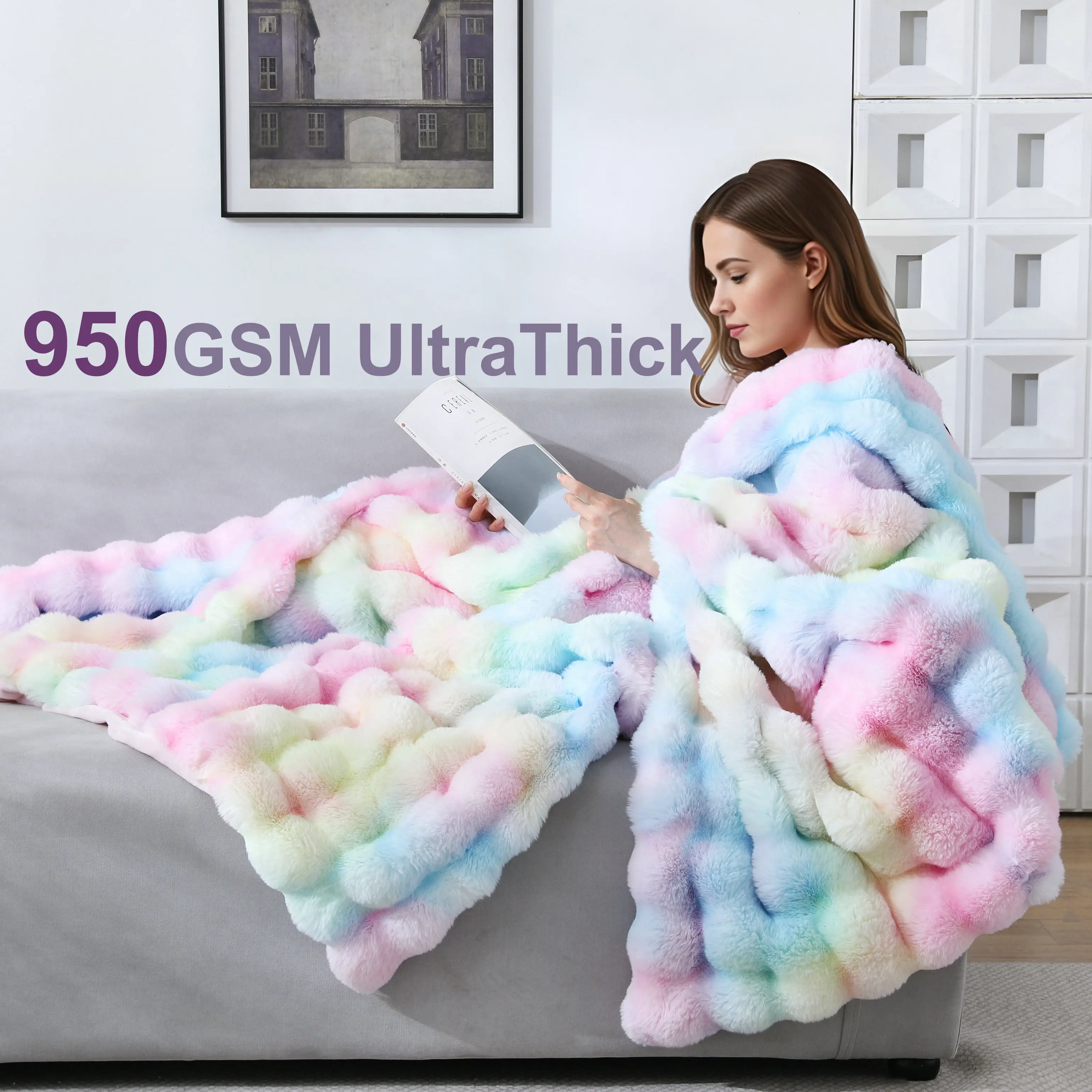 【Back to School】DOWNCOOL 950GSM Faux Fur Bubble Throw Blanket, All Season Soft Luxury Faux Rabbit Fur Mink Plush Throw for Couch, Sofa and Bed, Soft Fluffy Fuzzy Cozy Blanket Rainbow print, #dealsforyoudays #Summerwins