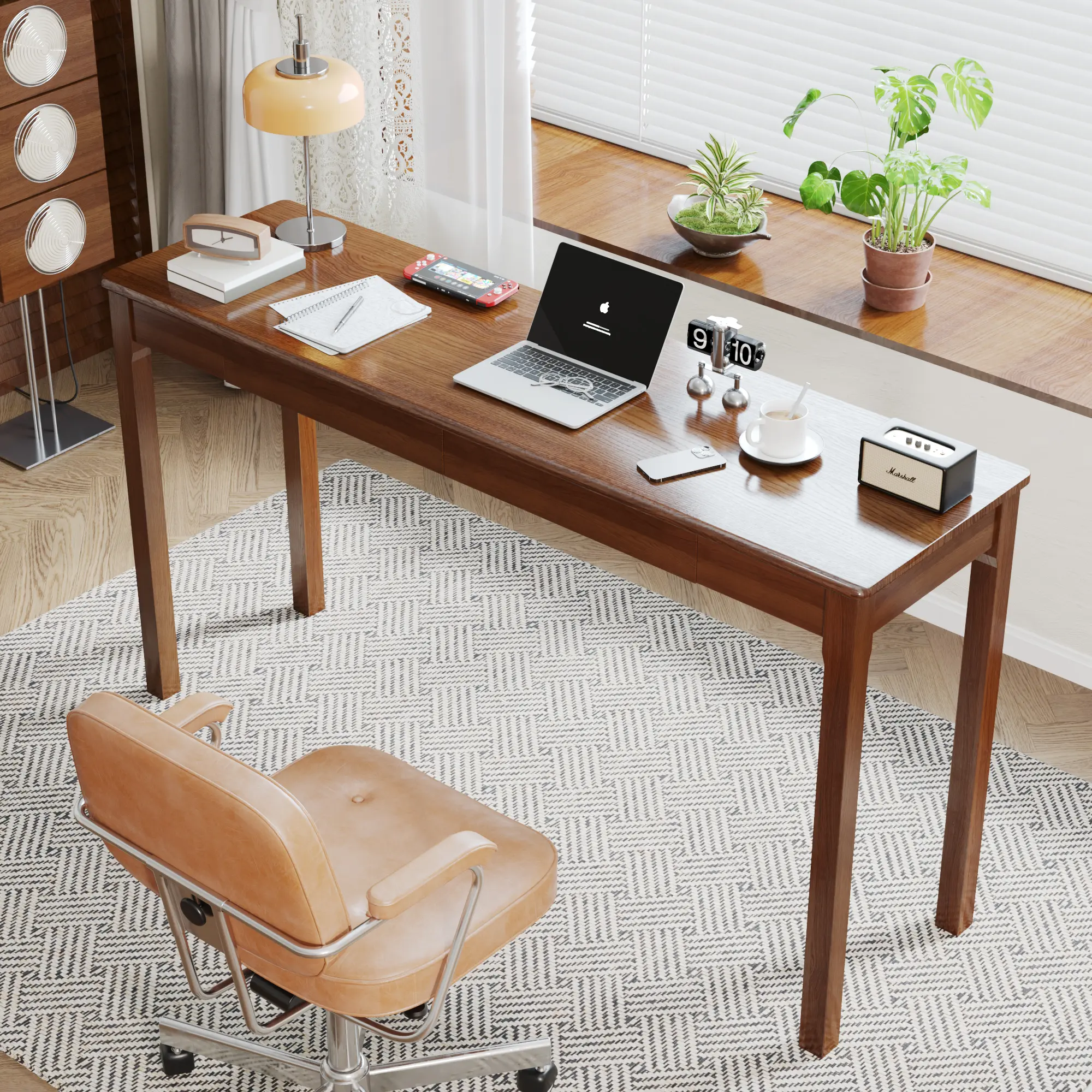 CocoHouse Solid Wood Desk with Drawers - Vintage Narrow Desks, Mid Century Modern Desks, Rubber Wood Study Table, Home Office Writing Desk for Bedroom|Small Spaces - Walnut Color Desktop Workstation
