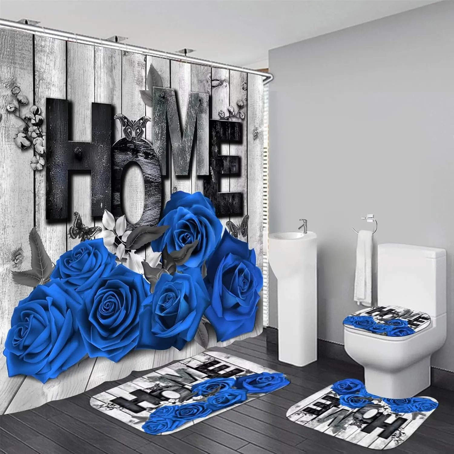4-Piece Waterproof Flannel-Polyester Bathroom Supply Bundle - Garden Floral Hydrangea Decor, Shower Curtain, Non-Slip Rug, Bath Mat, U-Type Toilet Seat Cover, 12 Hooks, Easy Vacuum Cleanup (Romantic Red/Garden Blue) for Home Bathrooms, Bathroom Supplies