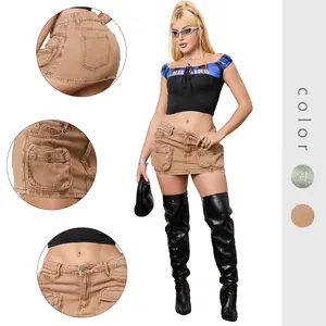 Women's High Waisted Cargo Pocket Washed Brown Denim Mini Skirt - Casual Streetwear Y2K Skirt